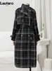 Lautaro Autumn Winter Long Loose Warm Plaid Wool Blends Trench Coat For Women Raglan Sleeve Belt Double Breasted Woolen Overcoat 240109