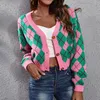 Womens Argyle Plaid Cardigan Casual V Neck -knapp ner långärmad stickad jacka kontrastfärgtröja Pullover Tops 240109