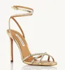 여름 럭셔리 Aquazzura Dance Plexi Women Sandals 신발 Crystal-fellished alkle-strap 파티 웨딩 레이디 검투사 Sandalias Comfort Walking EU35-43