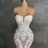 Modern Strapless Mermaid Wedding Dresses Lace Appliques Bridal Gowns Sleeveless Sweetheart Neck Backless Sweep Train Robe See Through