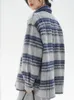 Women's Gray Blue Plaid Lapel Woolen Cotton Jacket Spring and Autumn Chic Female Single Breasted Long Sleeved Loose Coat 240104