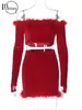 Vestidos de trabalho inwoman inverno vermelho veludo 2 duas peças mini saia conjunto roupas de festa para as mulheres 2024 sexy fora do ombro villus retalhos conjuntos