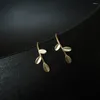 Stud Earrings S925 Sterling Silver Golden Three Leaves Branch Shape Small Ear Hook Fresh Style