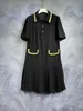 2024 Spring Pure Color Panelled Double Pockets Dress Black Short Sleeve Lapel Neck Knee-Length Casual Dresses T3J091516