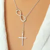 Whole-N606 Personality Infinity Cross Lariat Pendant Necklaces Silver Plated European Collares Necklace Forever Faith Necklace272D