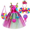 Regenbogen-Candy-Prinzessin-Kleid für Mädchen, Ball-Lollipop-Purim-Kostüm für Kinder mit Stirnband, Urlaub, Geburtstag, Party, Kleidung, Outfits 240109