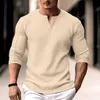 Sprężyny stały kolor Slim Fit T-shirt Męski dekolt Henley Scyk Henley Szycika Waffle Waffle Bawełny swobodny rękaw 240109