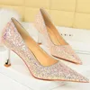 Women 7cm High Heels Pumps Wedding Scarpins Sparkly Mid Low Lady Party Sequins Glitter Evening Gold Silver Champagne Shoes 240110