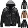 Men's Jackets Pu Leather Jacket Coat Hooded Outerwear Mens Detachable Topcoat Cap Fleece Zipper Pockets Windbreak Casual Chaquetas Hombre