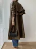 女性のためのファッションロングトレンチコートレトロ秋の薄いPUレザージャケットルーズソリッドレザートレンチコートブラックロングコート240109