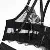 YBFDO Fantasia Lingerie Ver Através de Renda Sexy Conjunto de Roupa Interior de Tule Crotchless 4 Peças Sensual Sissy Sutiã e Calcinha Conjunto 240109