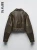 TRAF Women Overized Vintage Loose Pu Faux Leather Kortjacka med Belt Streetwear Female Zipper Retro Moto Biker Coat Outwear 240110