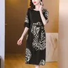 Parti Elbiseleri 2024 Moda Baskılı İpek Elbise Kadınlar Sonbahar Vintage Yuvarlak Boyun 5/4 Kol gevşek FIT Sıradan Tatil Vestidos