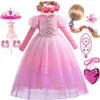 Mädchen Rapunzel Kostüm Tangled Langarm Prinzessin Kleid Kinder Luxus Druck Ballkleid Spitze Pailletten Farbverlauf Flauschige Kleider 240109