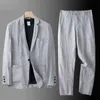 Spring Autumn Fashion Men Linen Twopiece Set Blazer Jacket Pants Solid Slim Fit Casual Business Thin Clothing Breatble Suit 240110