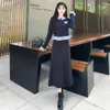 Vestidos de trabalho elegante conjunto de duas peças para mulheres babados malha cardigan tops e saia longa dividida grande tamanho feminino outono inverno casual magro