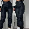 Y2K Vintage Women Elegant Harajuku Streetwear Black Cargo Pants Motorcykel PU LÄDER HÖG MIDST HAREM JOGGER TROUSERS kläder 240109