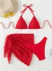 Nouveau ensemble de Bikini 3 pièces femmes solide rouge peluche vers le haut Push Ski maillot de bain 2024 luxe dentelle plage maillot de bain 240110