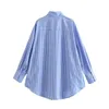 Camisa de listra azul feminina casual mangas compridas blusa oversize feminino chique senhora elegante topo primavera verão 240109