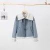 LAPEL LAMBS WOOL Denim Women Croped Jacket Casual Thicken Long Sleeve Zipper Coat Autumn 2023 Fashion Vintage Fleece Lady Top 240109