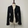 S-XL Högkvalitativt mode Bright Silk Woolen Tassel Spets Pocket Metal Button Women's Jacket Black 240109