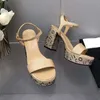 Designer Womens High Heel Sandals Leather Party Fashion Metal Double Buckle Summer Designer Sexig Peep-Toe Womens Chunky Heel Dress Shoes High Heels 35-42 med låda