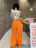 Pantalons Femme Capris Y2K femmes Streetwear Cargo pantalon mode coréenne Orange Baggy pantalon droit décontracté solide jambes larges poches Joggers pantalon L240110