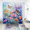 Shower Curtains Waterproof Shower Curtain Set Watercolor Flowers and Butterflies Bath Rug and Mats with Toilet Seat Cover Bathroom Decor