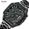 Megir Black Quartz Men Men Waterproof Square Dial PlistWatch with Chronograph Stainless Strap Luminous Hands Auto Date 240109