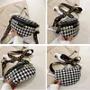 Elegant Houndstooth Plaid Chain Waist Bags For Women Stylish Canvas Waist Packs Female Fanny Pack Wide Strap Crossbody Chest Bag 240109