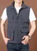 Men's Thin Tooling Loose Quick Drying Vest Outdoor Sports Coat Multi Pocket Stand Collar Spring Camping Fishing 240109