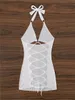 Cover-up sexig sommarbikini täcker kvinnor vit strand ihålig ut criss cross mesh rygglös mini klänning ring länkade transparenta kläder