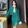 Spring Autumn Women's Green Tweed Blazer Set Office Formal Party Women Sequin Plaid Woolen Jacket and Split Midi Skirt Suit 240109