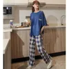 Frauen Pyjamas Sets Große 3XL Gestrickte Baumwolle Pyjama Plaid Weibliche Pijamas Loungewear Kurzarm Hemd Hosen Nachtwäsche Homewear 240110