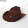 Vintage ocidental cowboy chapéu para cavalheiro masculino senhora jazz cowgirl com couro aba larga cloche igreja sombrero hombre bonés 240110