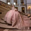 Prinzessin Rosa Glänzendes Quinceanera Schulterfreies Applikationen Perlenverziertes Ballkleid Sweet 16 Vestidos De 15 Anos Abschlussfeierkleid YD 328 328