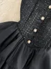 Vintage Black Tweed Two Piece Dress Set Women Oufits sweet Sexy Tube Top Slim Puffy Dress Cropped Coat 2 Piece Sets 240109