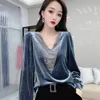 T-Shirts 2022 Spring New Women Sexy Vneck Gold Velvet top Elegant Blue Long Sleeve Wild Basic Shirts Vintage Casual Ladies Top Y131