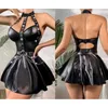 فساتين غير رسمية للنساء اللاتكس بو الجلود الرطبة اللباس مع ملخصات T-back Halter Aleelet Straps Chain A-Line Mini Gothic Punk Clubwear