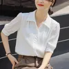 Kvinnors blusar Summer randiga chiffongtröjor och tunna mode kort ärmkvinna blus 2024 Elegant lady casual tops lös vit skjorta