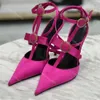 Роскошные дизайнерские модельные туфли 100% настоящие атласные босоножки с пряжкой на шпильке Розовые классические туфли на высоком каблуке Женские туфли на высоком каблуке Свадьба Сексуальная вечеринка с коробкой 35-41