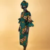 Klä afrikanska dashiki -klänningar för kvinnor ruffles ärm tryckkjol med turban headwrap ankara stil damparty vestidos a2025002