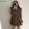 Casual Dresses Women Korean Style Spring Vintage V-neck Ruffles Flare Sleeve Mini Vestidos De Mujer High Waist All-match Ins Aesthetic