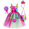 Rainbow Candy Princess Dress Girls Ball Lollipop Purim Costume for Kids with Headband Holiday Birthday Party Clothes Outfits 240109