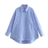 Camisa de listra azul feminina casual mangas compridas blusa oversize feminino chique senhora elegante topo primavera verão 240109