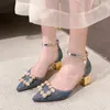 Bling cristal salto alto bombas mulheres elegante pérola fivela praça sapatos de festa de casamento senhoras apontou toe tornozelo cinta 240110