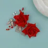 Hair Clips Red Flower Comb Bride Tiaras Pearl Alloy Hairpin For Women Retro Wedding Accessories Luxury Birthday Jewelry Girl