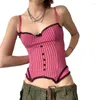 Women's Tanks Fashion Pink Chic Women Corset Top Lace Trim Buttons Y2K Clothes Vintage Stitched Stripe Crop Party Sexy Clubwear