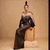 Сексуальные черные вечерние платья Элегантные длинные рукава с прозрачным вырезом Русалка и блестками Кружевные платья для выпускного вечера для африканских, арабских, нигерийских черных женщин Второе платье для приема AM363