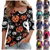 Women's T Shirts Halloween Skull Print Shirt Fashion Diagonal Collar Blouses Leisure Long Sleeve Pullover Tops Summer Oversized Tees